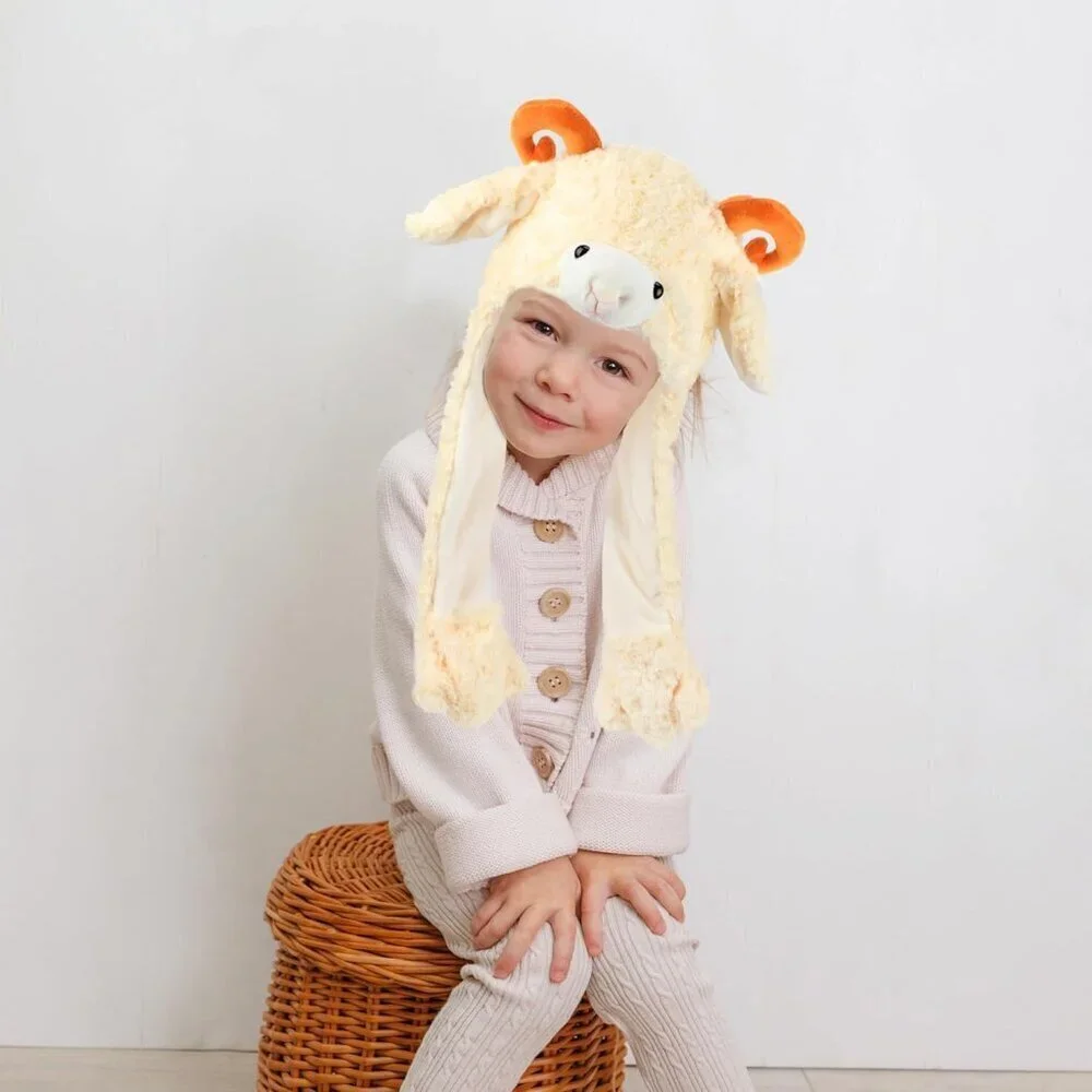 Kids Lamb Animal Hat with Ears Moving Jumping Pop Up Beating Plush Holiday